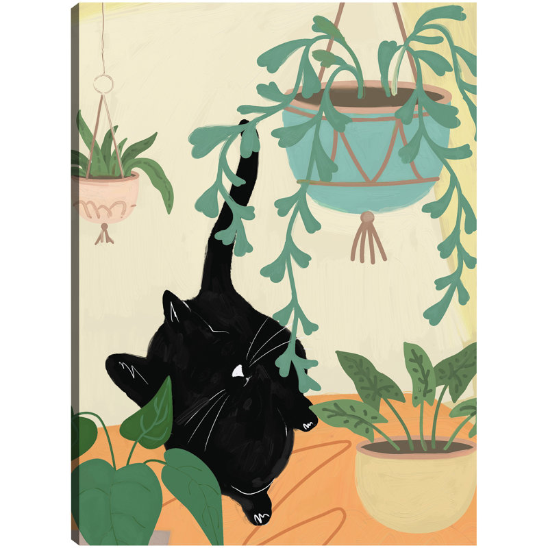 Black Cat in Greenery Canvas Art Print, 14" x 11"