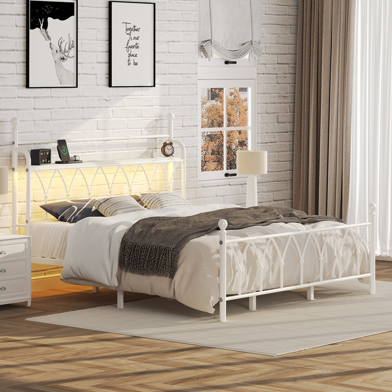 King Metal Platform Bed with Floral Style Headboard, Bed Frame with RGB LED Lights, Charging Station & Ample Storage Space, Easy Assembly, White 
