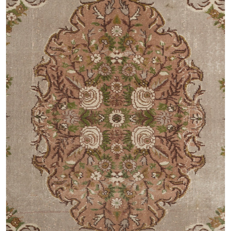 Aubusson-Inspired Vintage Turkish Handmade Wool Rug in Faded Rose, Grey