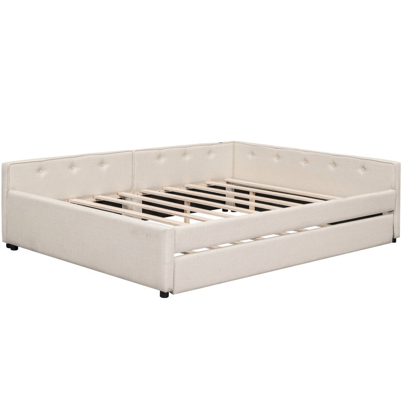 Grand lit tapissier avec gigogne simple, structure en lin beige, Grand lit