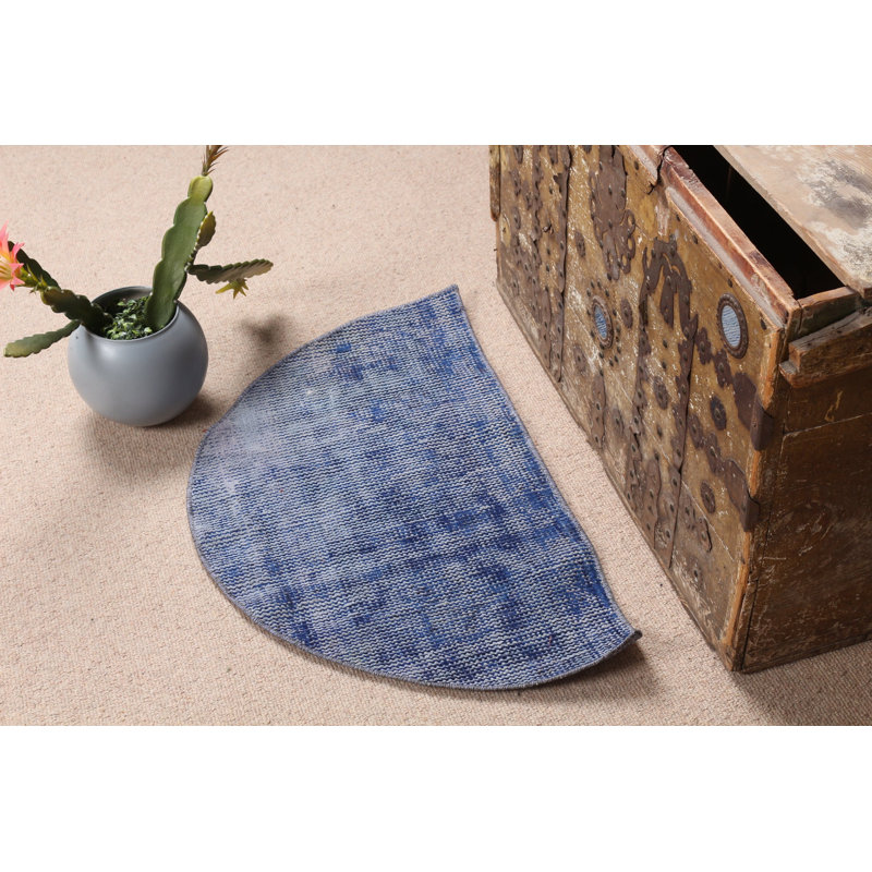 Vintage Small Round Antique Blue Turkish Rug Ideal For Entryway Or As A Gift For Him