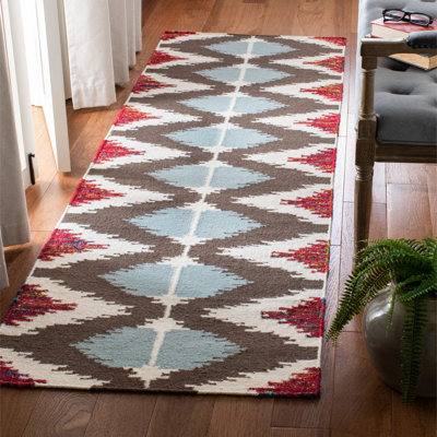 Tapis géométrique ivoire / bleu / brun en laine / viscose / coton tissé à la main Rodgers