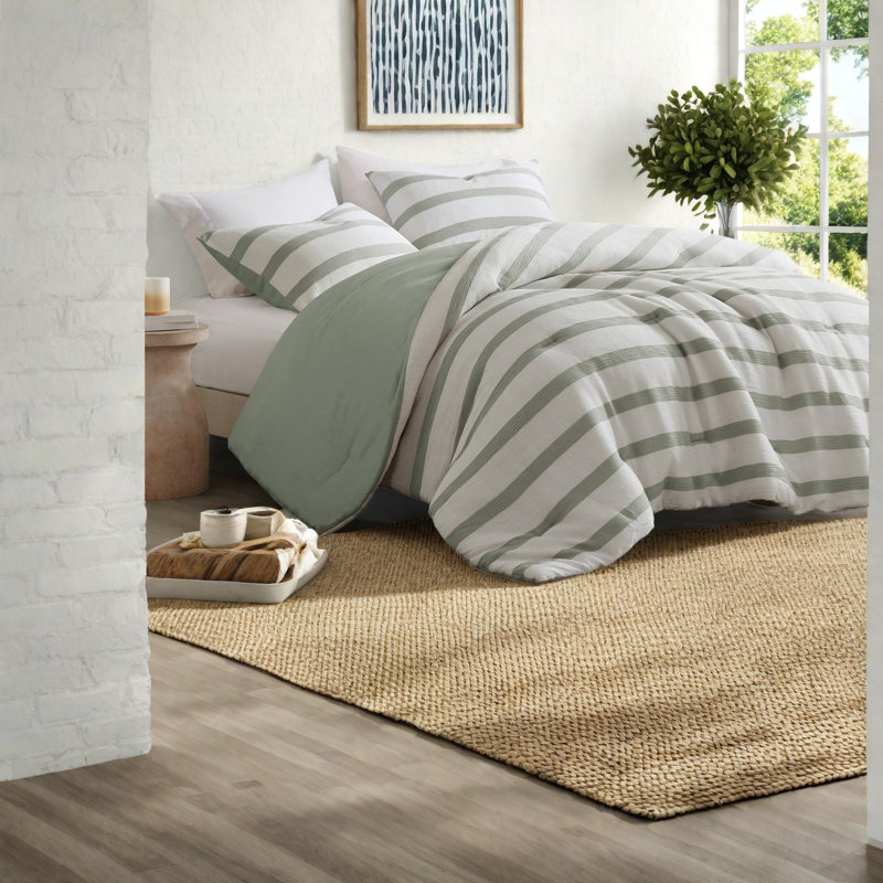 Ensembles de literie vert sauge de qualité supérieure, édredon en polyester teint en fil avec motif rayé pour une maison moderne toutes saisons