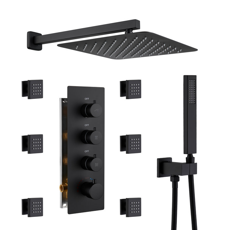 Herathena 3 Functions Wall Mounted Luxury Shower System with 6 Body Jets (Rough-in Valve Included), Matte Black