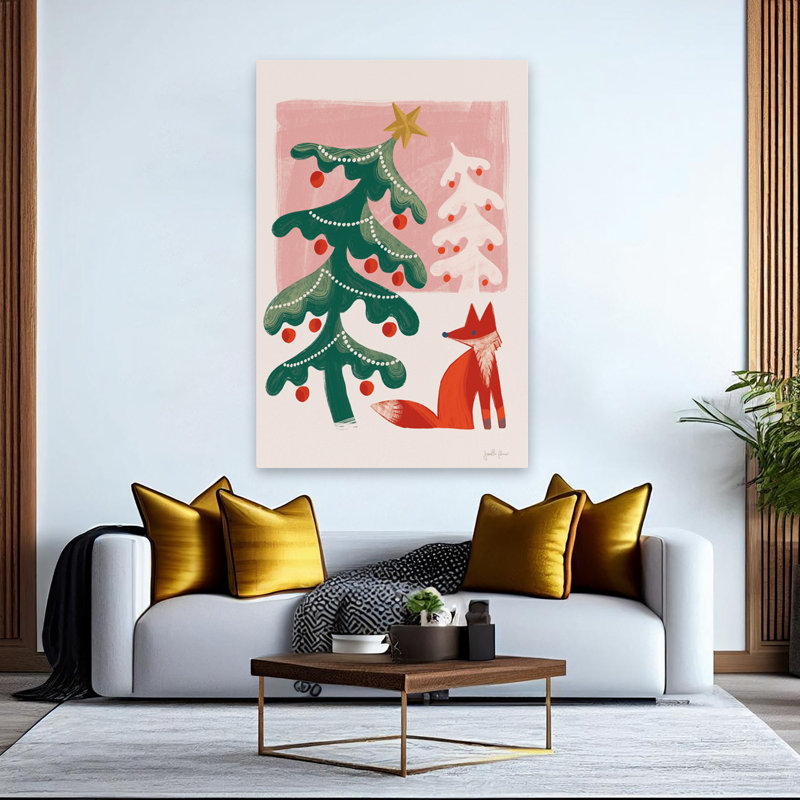 Rétro vacances III - animaux de Noël arbres de Noël art renard, H 60 po x l 40 po