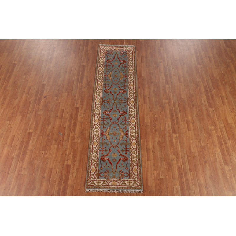 Tapis de couloir indien bleu clair à motif floral Oushak 3 x 10