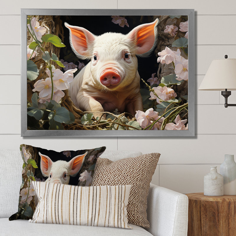 Cute Pig Playing In Flowers II - Animals Wall Decor, H 24 po x l 32 po x P 1 po, Cadre photo argenté