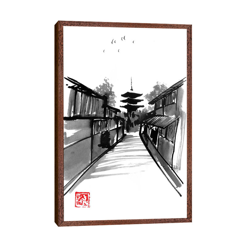 Pagoda by Péchane - Painting on Canvas, 152.5 cm H x 101.5 cm W, Classic Brown Wood Framed