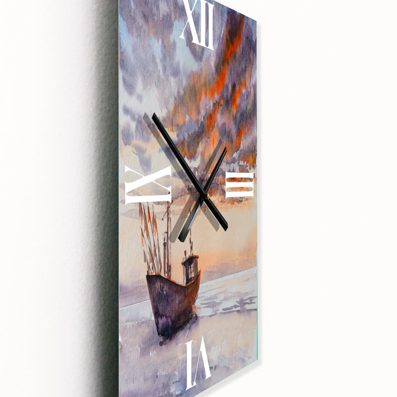 Horloge murale nautique et côtière, bateau de pêche en bois sur la côte baltique, Petit