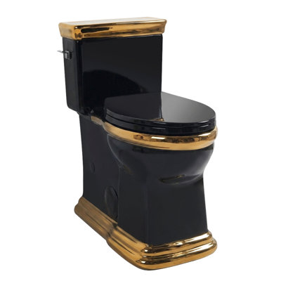 Toilette haute une pièce à cuve allongée de 19 po Los Flexi, or noir et jupe, chasse d'eau sans rebord 1,28 GPF, style rétro avec accents dorés, siège brut de 12 po à fermeture en douceur