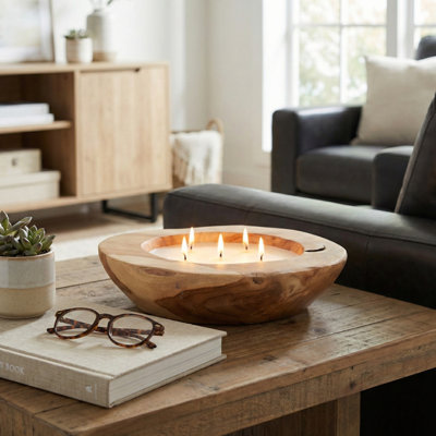 Decorative Round Teak Wood Scented Candles Candle For Living Room - Modern Decor  For Bedroom, Bookshelf Or Coffee Table Styling - 12", Brown & Tan