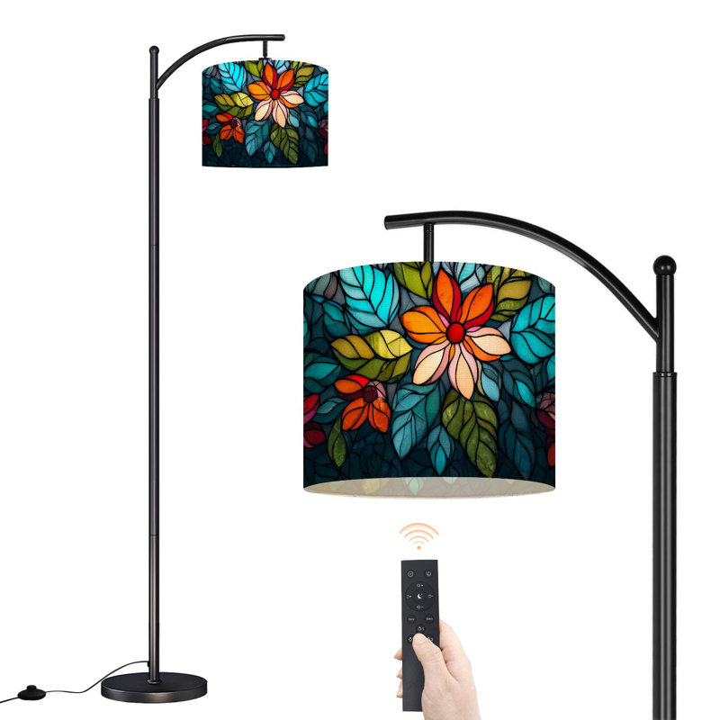 Lampe sur pied à arc avec fleurs en verre teinté et anges avec lampes à DEL et abat-jour réglables Grandes lampes debout pour le bureau de lecture