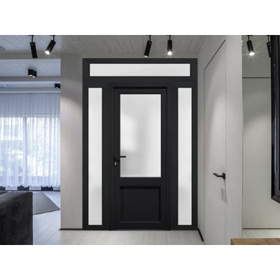 Front Exterior Prehung FiberGlass Door Frosted Glass / Manux 8422 Matte Black / 2 Side and Top Exterior Window / Office Commercial and Residential Doors Entrance Patio Garage-W12+36+12" x H80+14"-Left-hand Inswing