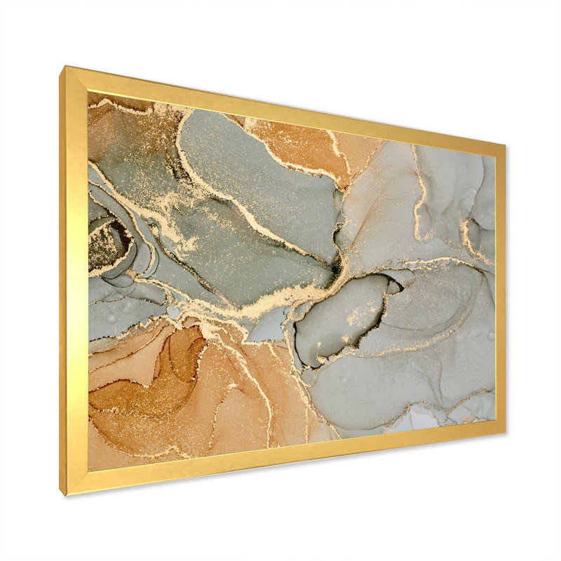 «Brown Luxury Abstract Fluid Art VI», peinture sur toile, H 30 po x l 40 po x P 1,5 po, Encadrement doré