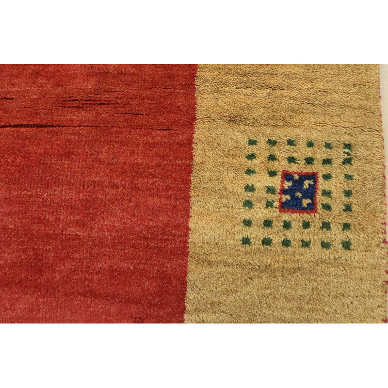 Tapis rouge / jaune en laine noué à la main de conception unique 4 pi 1 po x 4 pi 10 po