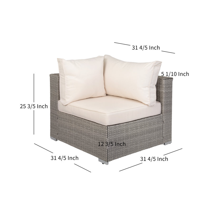 Ensemble de conversation modulaire en rotin avec coussins 4 pièces Logan, Ivoire, Gris clair