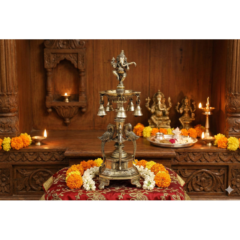 Handmade 13-Inch Dancing Ganesha Brass Lamp with Peacock Motif & Bells – Five-Wick Hindu Ritual Diya for Puja, Entryway, or Decor