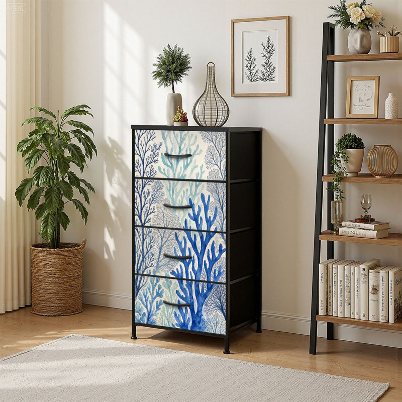 Commode de rangement verticale 4 tiroirs aquarelle bleu récif de corail avec tiroirs en bois