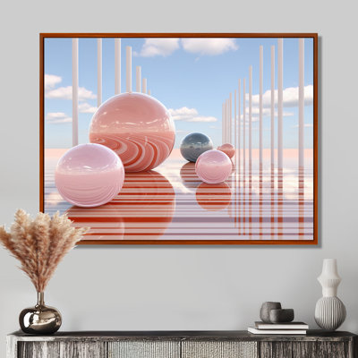 Pink Orbs Azure Sky Minimal Architecture - Abstract Landscape Wall Art Living Room