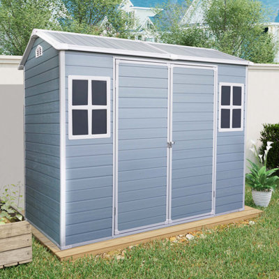 Remise de rangement extérieure en résine 8 x 4 pi avec deux fenêtres et deux portes, remise en plastique avec plancher pour Gargen, patio, cour, pelouse, gris