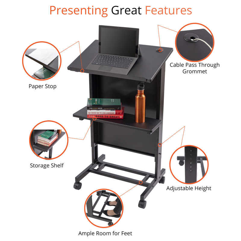 Adjustable Height Black Steel Rolling Lectern Podium