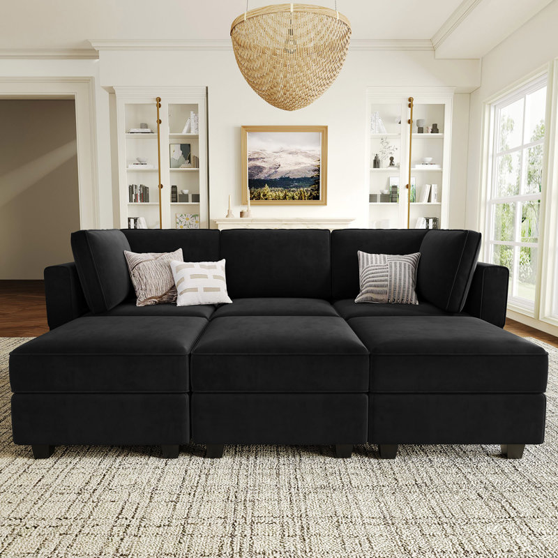 Teangela Velvet Sectional Sofa Living Room Couch Apartment Storage Modular Sofa Bed, Black Velvet