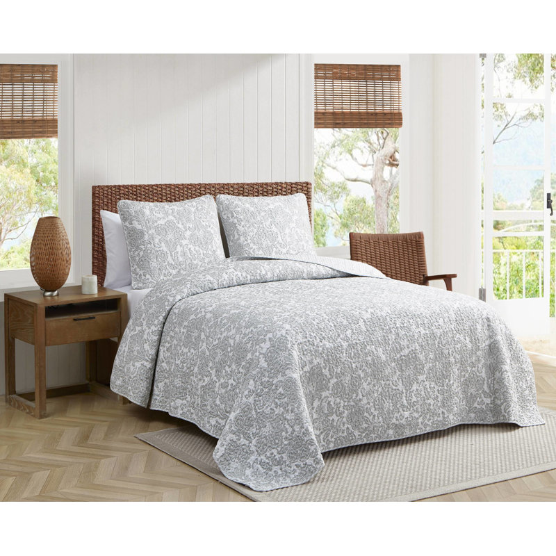 Gray Floral Cotton Reversible Full/Queen Quilt Set