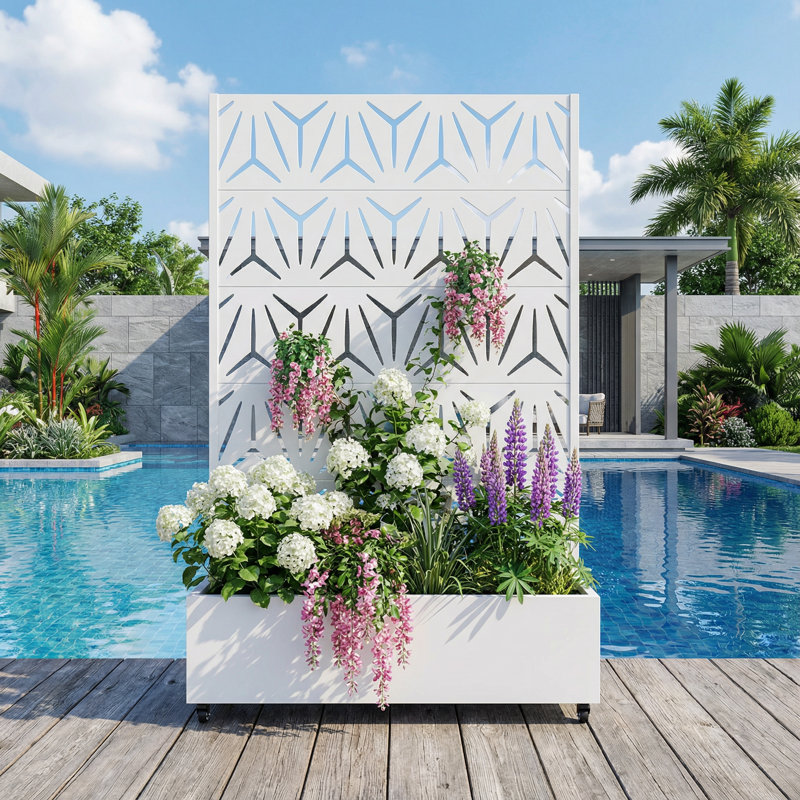 Boîte à fleurs en métal avec treillis et roues, H 72 po x l 47 po x P 16 po, Blanc