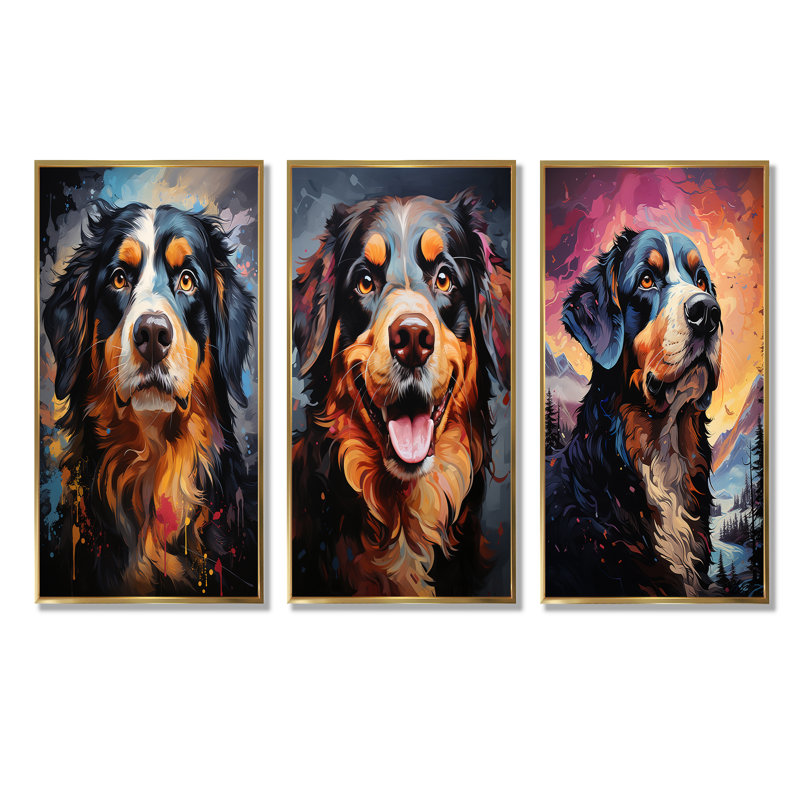 Bernese Mountain Majesty - ensemble de salon mural pour chien 4 pièces, Cadre flottant doré, H 28 po x l 36 po