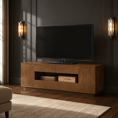 Meuble télé Mid-Century moderne pour téléviseur de 65 po ou moins, centre de divertissement avec tablettes de rangement ouvertes, armoires latérales fermées et tiroirs à glissement fluide, console multimédia de conception incurvée