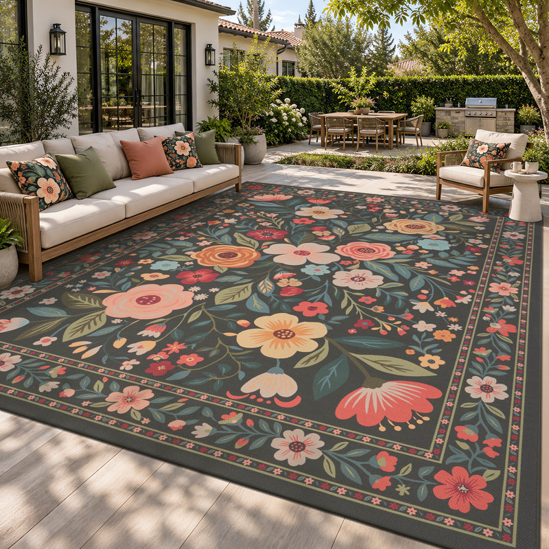 Tapis d'intérieur/extérieur vintage à motif floral résistant aux UV, Noir, Rectangle 8' x 10'