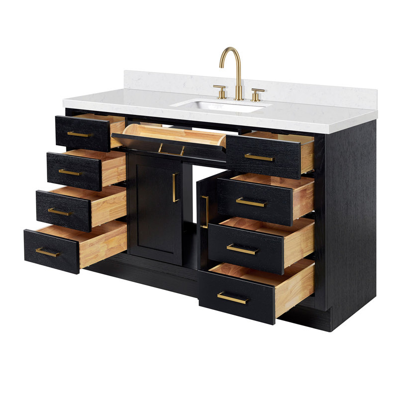Thornaby Solid Wood Single Bathroom Vanity with 1.5'' Carrara Quartz Top, Rectangular, Black Oak/Satin Brass