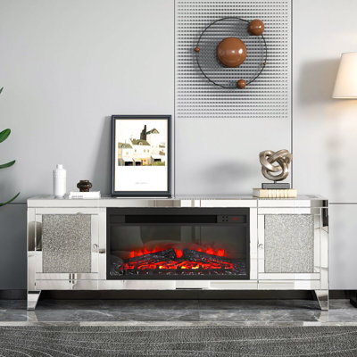 59" Mirrored Sliver Tv Stand With Electric Fireplace For Tvs Up To 65", Rectangular Tv Stand With Storage Cabinet
