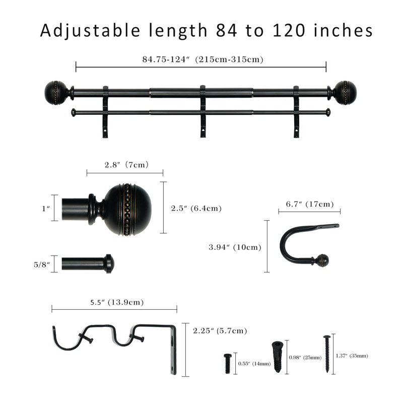Tringle à rideaux double Camilah, H 2,5 po x l 124 po x P 5,5 po, Noir mat