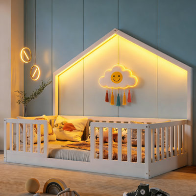 Floor Bed With High Rails, Wooden Montessori Bed With Light For Kids by Red Barrel Studio