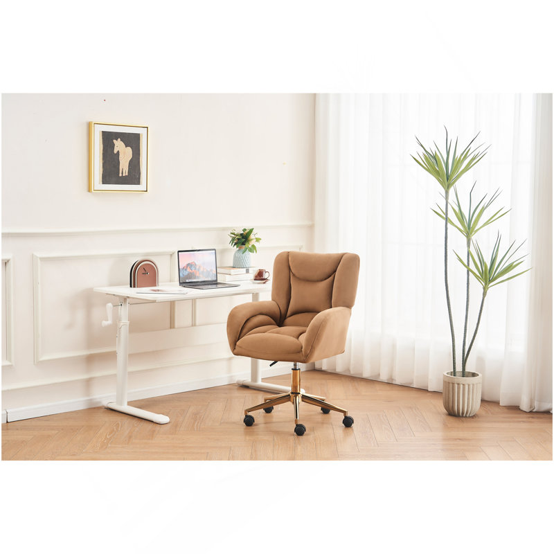 005R-Fauteuil de bureau pivotant en tissu de velours 360 avec base en métal doré et roues universelles, café, Velours café