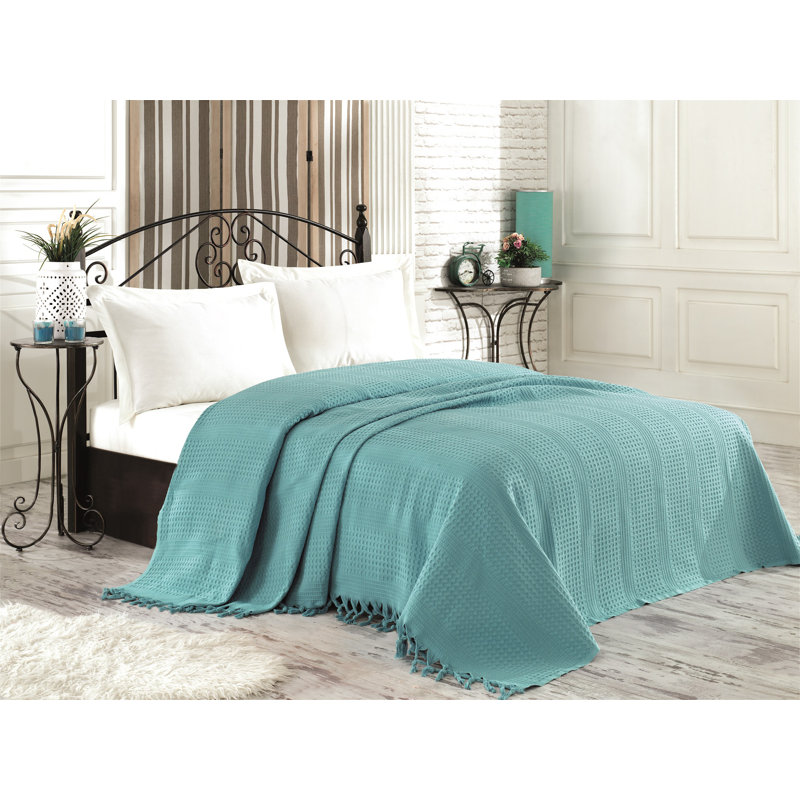Couvre-lit double fait à la main, vert pétrole, 86,6 po x 94,5 po | 100% coton, 340 g / m², lavable à la machine à 30 ° C | Conception élégante à franges, douce et durable | Parfait pour les chambres confortables et un décor élégant