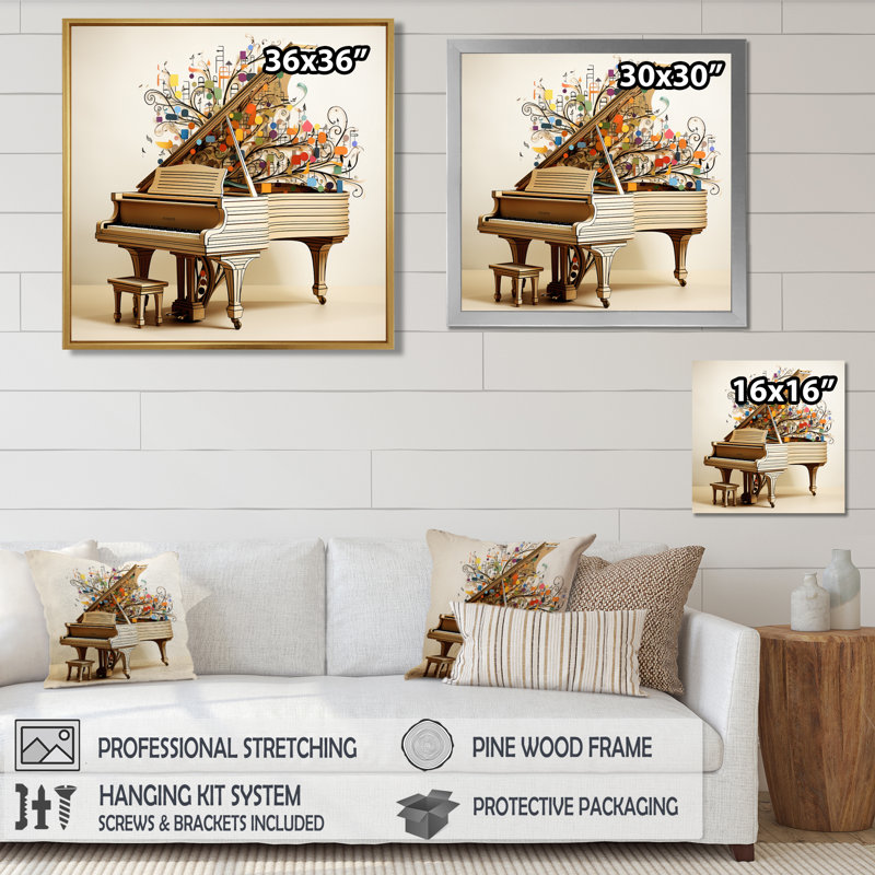 Jolle - Piano, art mural, Toile avec cadre flottant noir, H 16 po x l 16 po x P 1 po