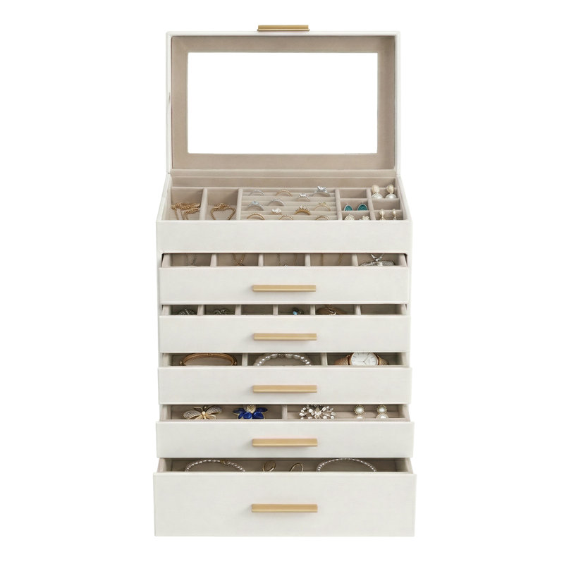 Organisateur de boîte à bijoux, rangement pour bijoux à 6 couches avec 5 tiroirs, quincaillerie en métal brillant, couvercle en verre, moderne, 6,4 po x 9,9 po x 11,4 po