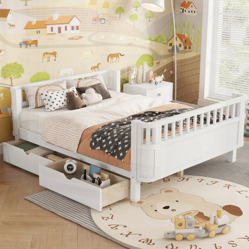Lit plateforme en bois pour enfants, lit double à profil bas avec rails de sécurité et fabrication durable, Double, Blanc