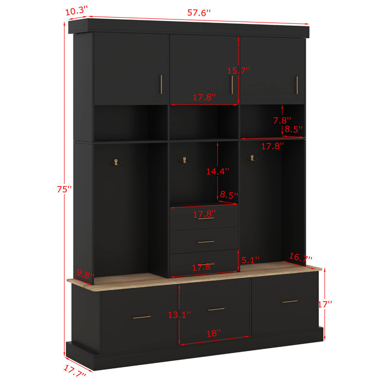 5-In-1 Modern Hall Tree With Bench, 75" Entryway Storage Organizer With Coat Hooks, 6 Drawers & 3 Cabinets, Black