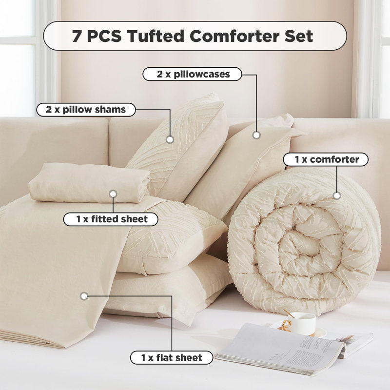 Andency Bed in a Bag King Beige- 7 Pieces King Size Comforter Set Bedding Comforter Sets, Tufted Lightweight Fluffy Bed Set with Comforter, Sheets, Pillowcases & Shams for All Season