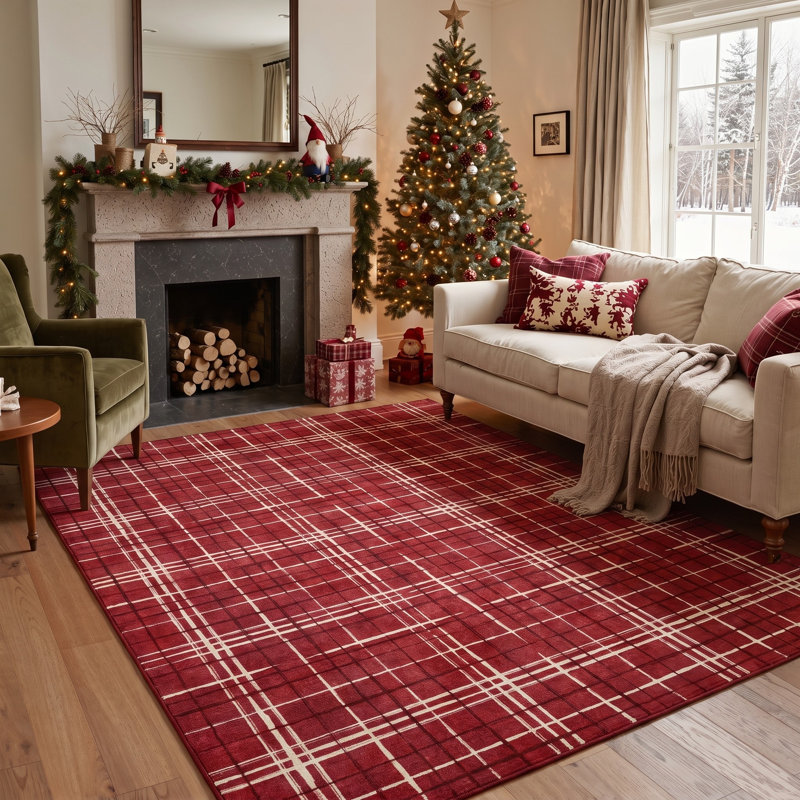 Tapis rustique à carreaux tartan rouge et blanc, à poils courts, lavable, pour salle à manger, Rectangle 4 pi x 6 pi