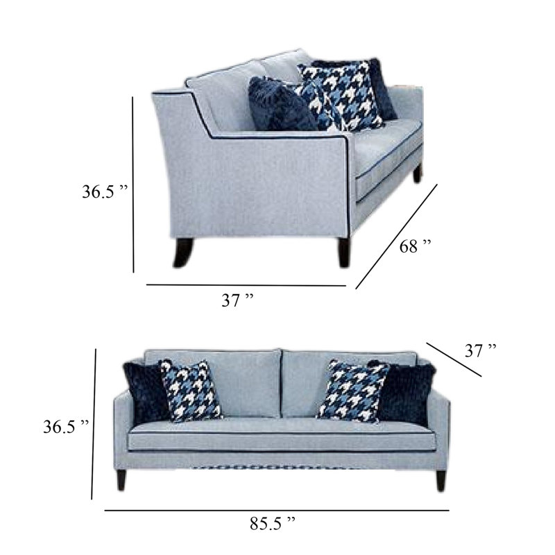 Ensemble de canapé et causeuse 2 pièces Colin, 8 coussins décoratifs, gris, polyester bleu