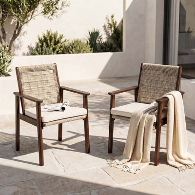 Ensemble de 2 fauteuils de salle à manger d'extérieur en bois d'acacia et rotin tressé pour terrasse