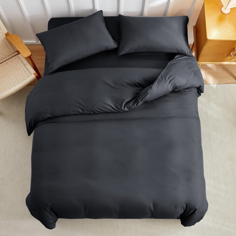 Super Soft Microfibre Reversible Plain Duvet Cover Set, Double Duvet Cover Set + 2 Pillowcases, Charcoal