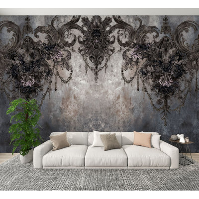 Papier peint adhésif pelez et collez à motif de volutes de style baroque gris anthracite taupe avec détails muraux H 100 po x l 144 po Papier mural amovible en PVC auto-adhésif pour le salon de la chambre Bureau à domicile
