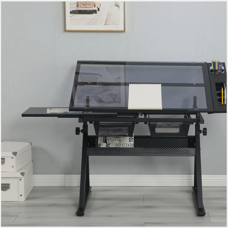 Table à dessin, table d'artiste à plateau en verre réglable à 0-75 ° - Bureau de dessin à hauteur réglable avec grand rangement pour la peinture et l'artisanat - idéal pour les designers et les étudiants en art (noir)