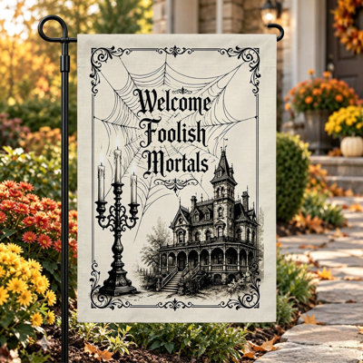 Drapeau de jardin de bienvenue pour l'Halloween, double face, 30 x 45 cm, noir et beige, motif maison hantée