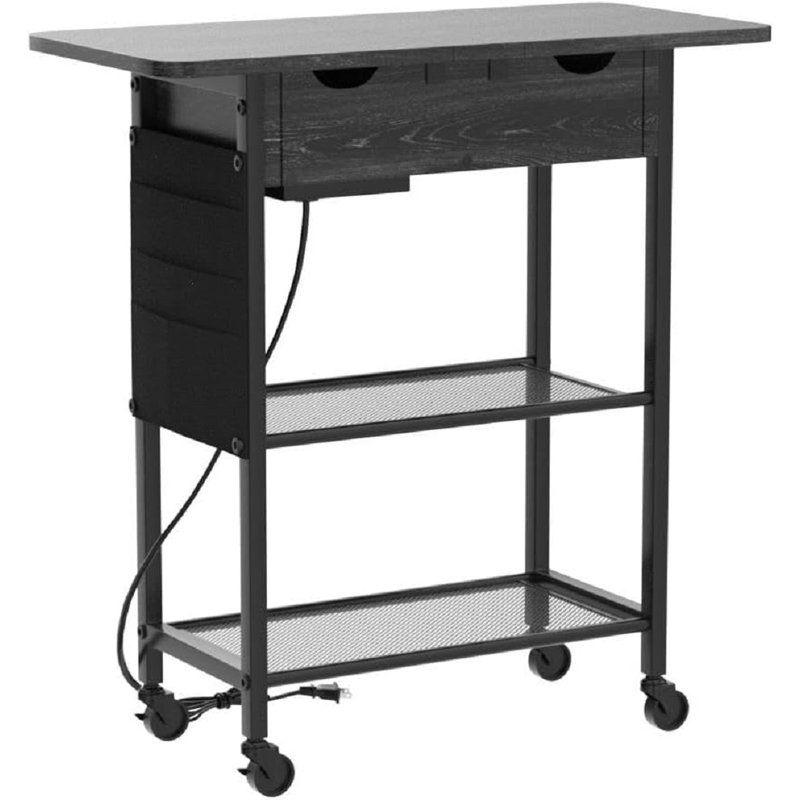 Black Slim Rolling Side Table with Charging Station and Shelves